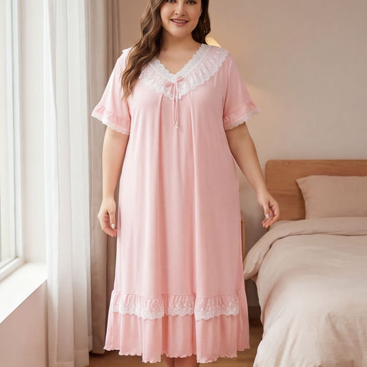 Plusock Tencel Lace Nightgown Loungewear - Pink - 4XL - image 0