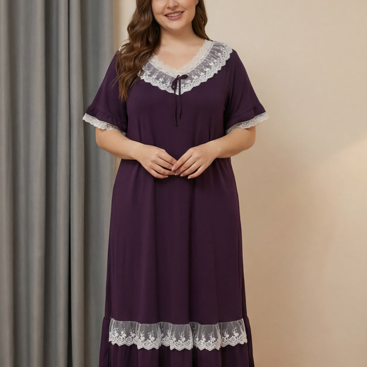 Plusock Tencel Lace Nightgown Loungewear - Purple - 4XL - image 1