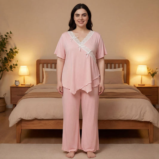 Plusock Plus Size Soft Pink Lace Trim Tencel Pajama Set - image 0