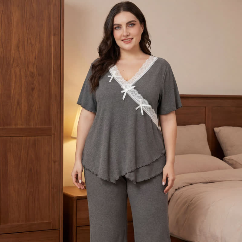 Plusock Plus Size Soft Pink Lace Trim Pajama Set - Gray - 4XL - image 5