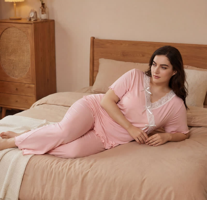 Plusock Plus Size Soft Pink Lace Trim Pajama Set - image 1