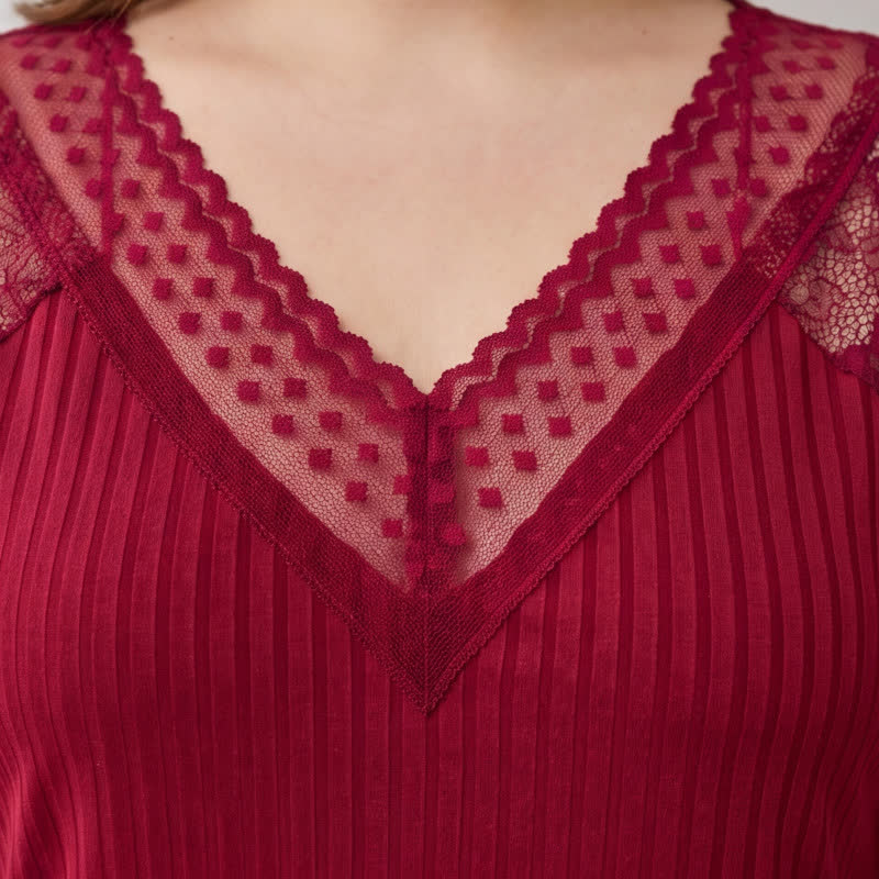 Plusock Ribbed Lace Trim V Neck Pajama Set - image 8