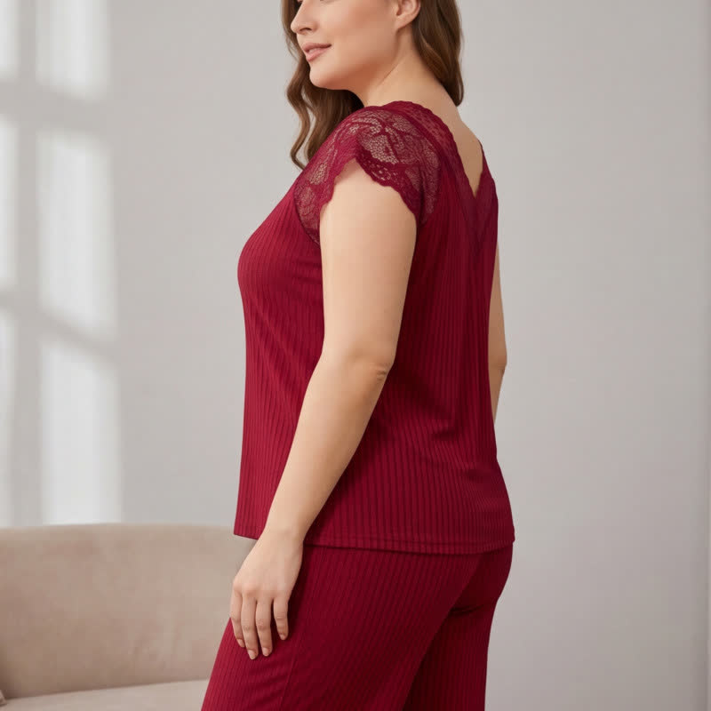 Plusock Ribbed Lace Trim V Neck Pajama Set - image 7