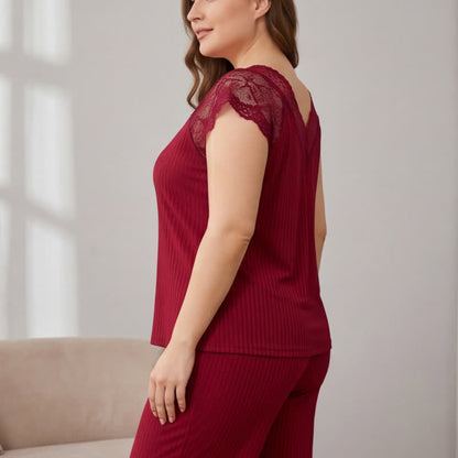 Plusock Ribbed Lace Trim V Neck Pajama Set - image 7