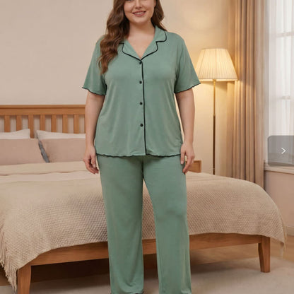 Plusock Plus Size Tencel Blend Contrast Trim Pajama Set - Green - 4XL - image 13