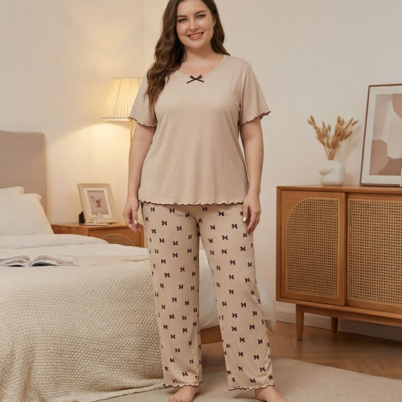 Plusock Plus Size Bow Print Pajama Set - Beige - 4XL - image 0
