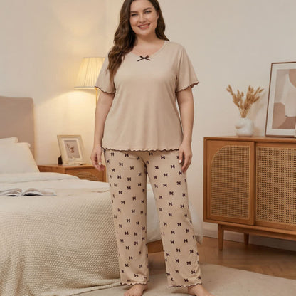 Plusock Plus Size Bow Print Pajama Set - Beige - 4XL - image 0