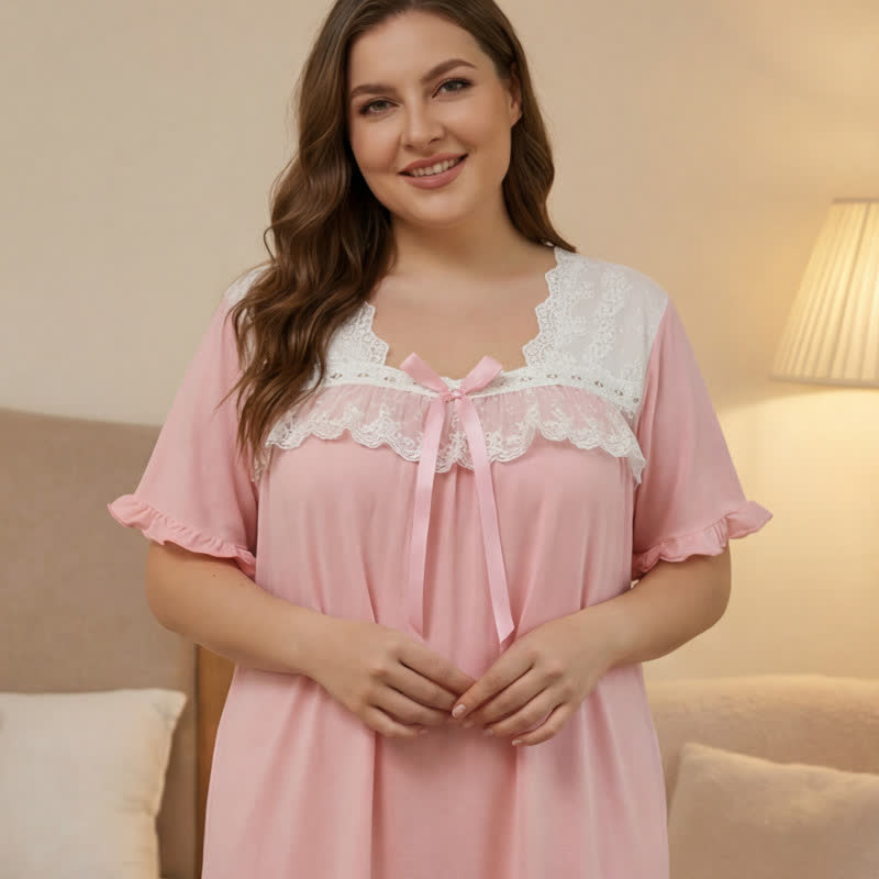 Plusock Bow Lace Trim Loungewear - Pink - 4XL - image 0
