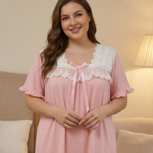 Plusock Bow Lace Trim Loungewear - Pink - 4XL - image 0
