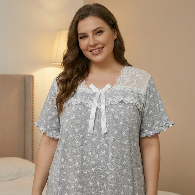Plusock Bow Lace Trim Loungewear - Light Gray - 4XL - image 10