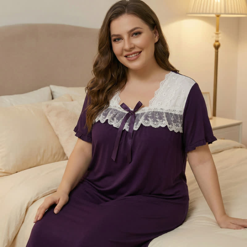 Plusock Bow Lace Trim Loungewear - Purple - 4XL - image 7