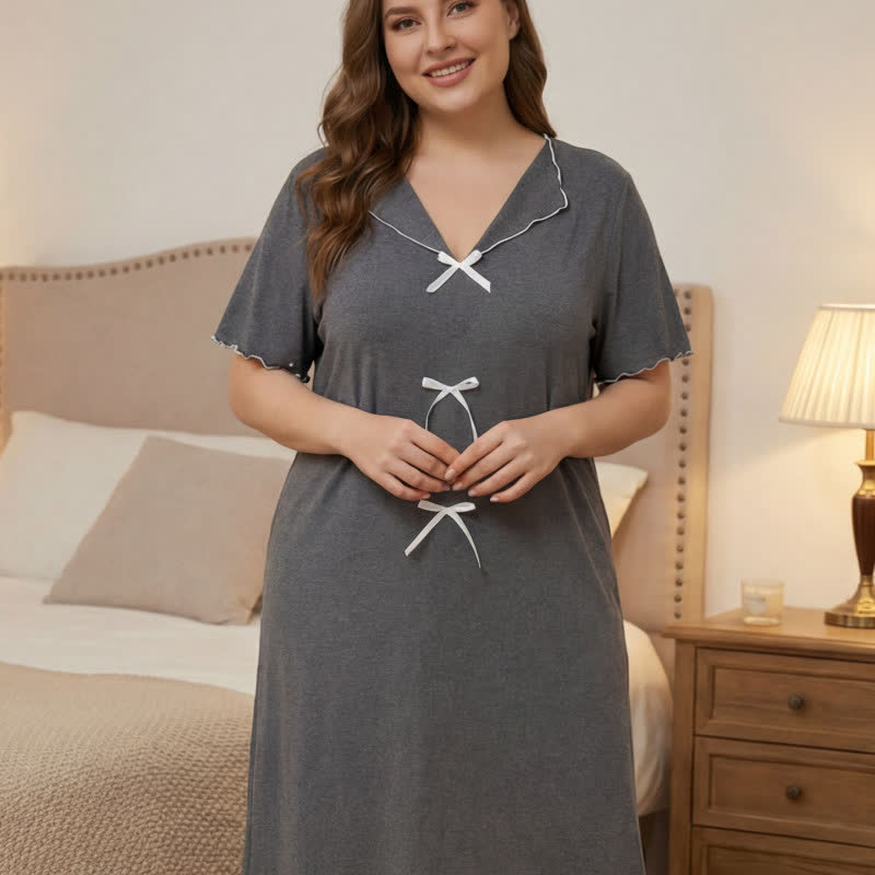 Plusock Elegant Bow Trim Loungewear - Gray - 5XL - image 6