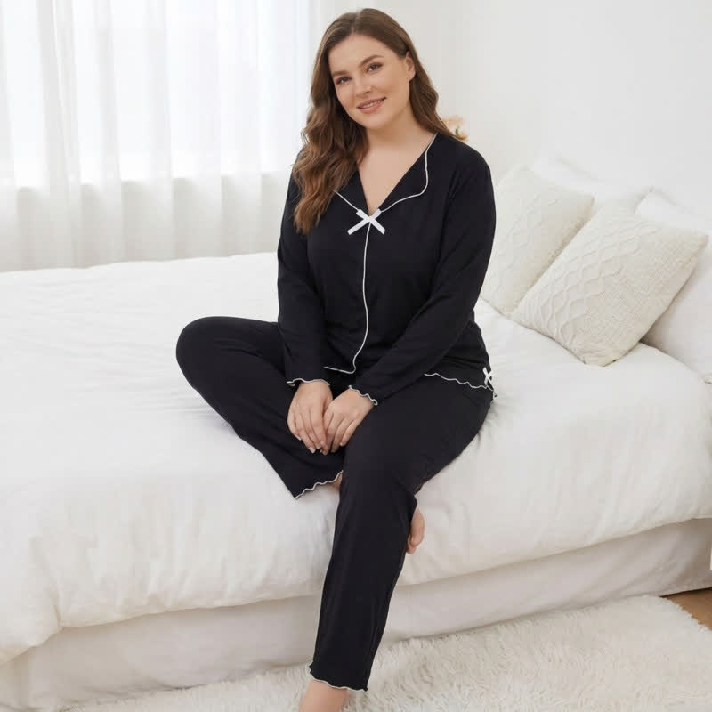 Plusock Bow Long Sleeve Pajama Set - Black - 4XL - image 3