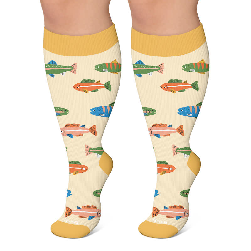 Plusock Plus Size Playful Fish Compression Socks - Yellow - 4XL - image 6