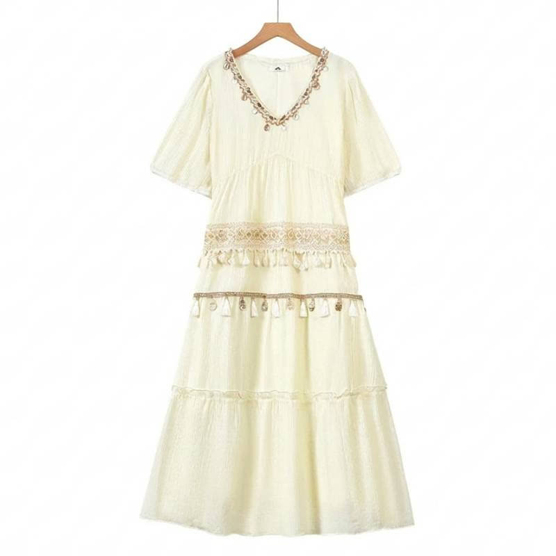 Plusock Boho Tiered Lace Trim Maxi Dress - Beige - 6XL - image 0