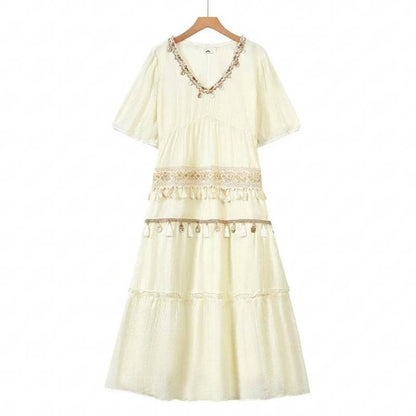 Plusock Boho Tiered Lace Trim Maxi Dress - Beige - 6XL - image 0