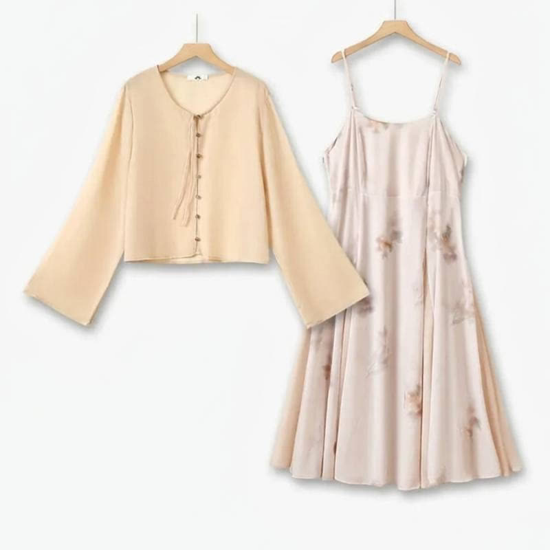 Plusock Romantic Floral Spaghetti Midi Dress Set - Beige - 6XL - image 0