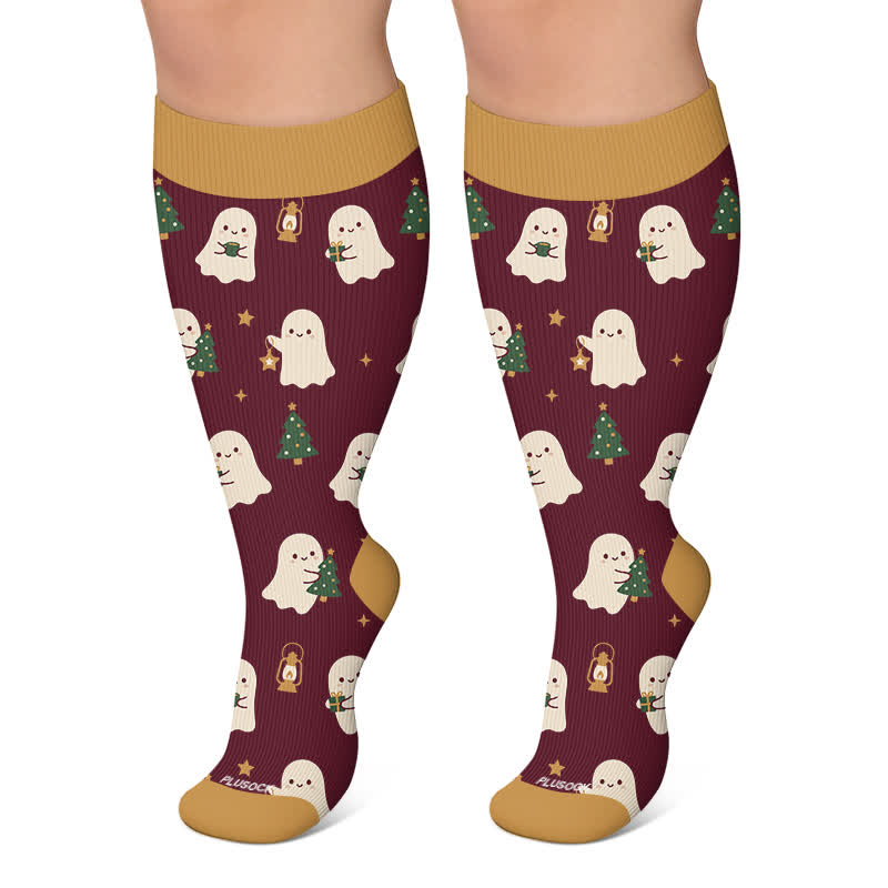 Plusock Plus Size Ghost Turtle Holiday Tv Compression Socks - Wine - 4XL - image 4