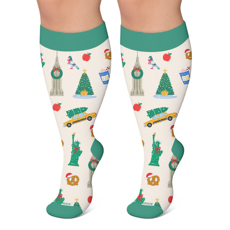 Plusock Plus Size Santa Holiday Pattern Compression Socks - Beige - 4XL - image 4