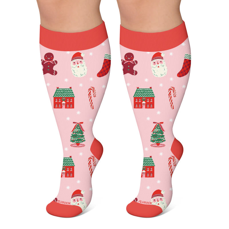 Plusock Plus Size Santa Holiday Pattern Compression Socks - Pink - 4XL - image 6