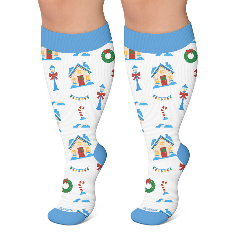 Plusock Plus Size Santa Holiday Pattern Compression Socks - White - 4XL - image 5