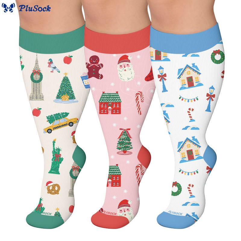 Plusock Plus Size Santa Holiday Pattern Compression Socks - image 0