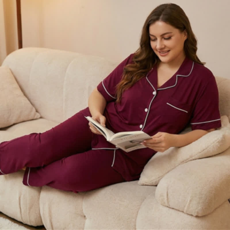 Plusock Modal Button Front Pajama Set - Red - 5XL - image 2