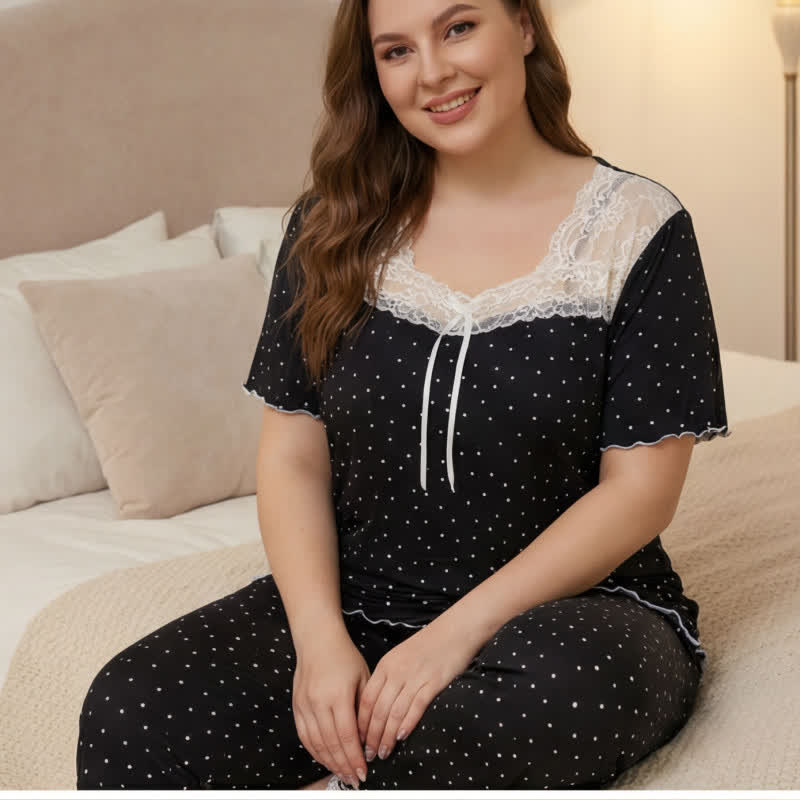 Plusock Soft Polka Dot Lace Pajama Set - Black - 4XL - image 1