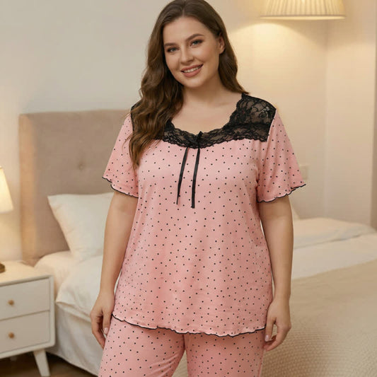 Plusock Soft Polka Dot Lace Pajama Set - Pink - 4XL - image 0