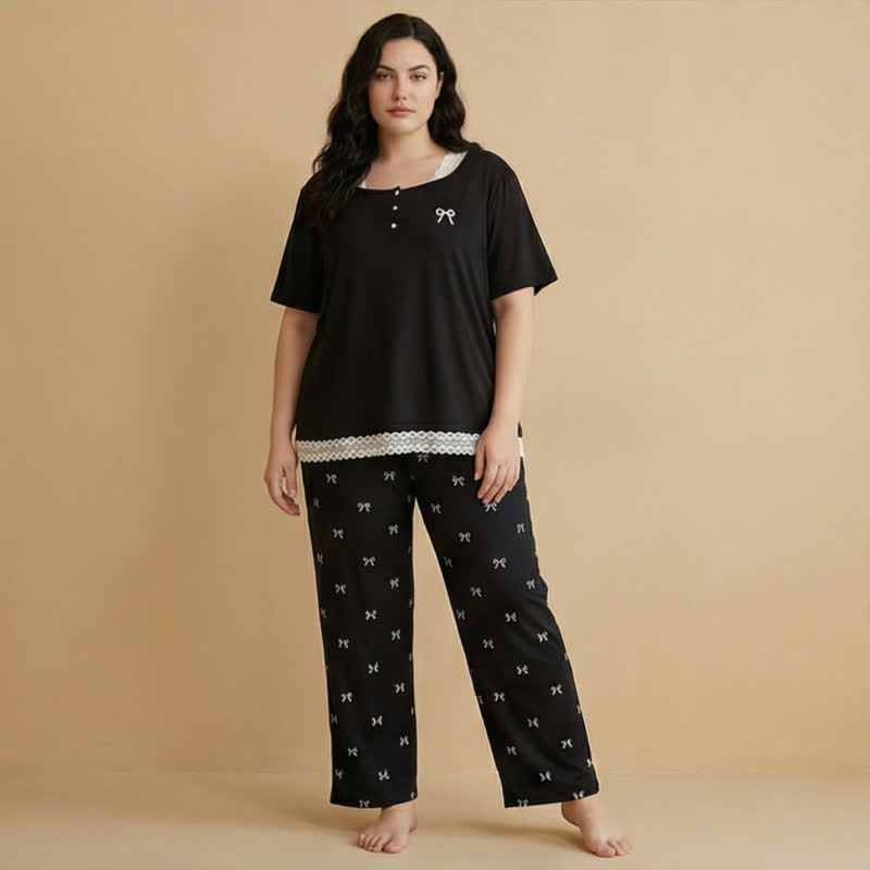 Plusock Lace Trim Bow Pajama Set - Black - 4XL - image 3