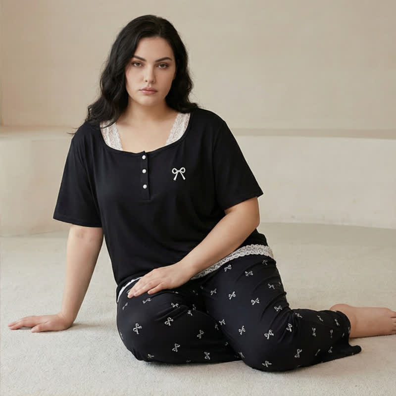 Plusock Lace Trim Bow Pajama Set - image 1