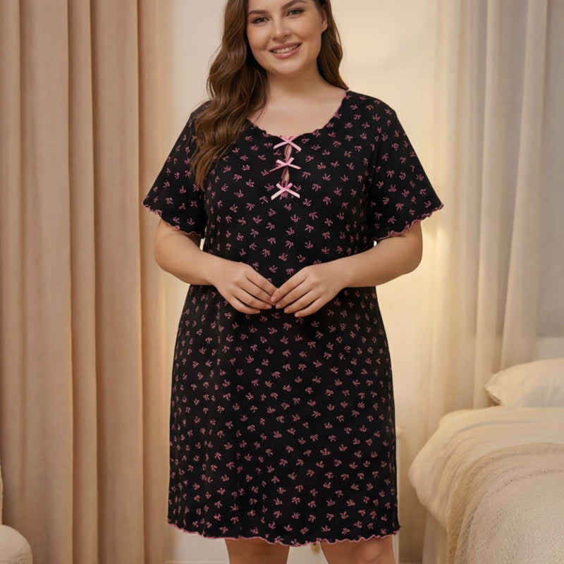 Plusock Small Floral Print Bow Trim Nightgown - Black - 4XL - image 4