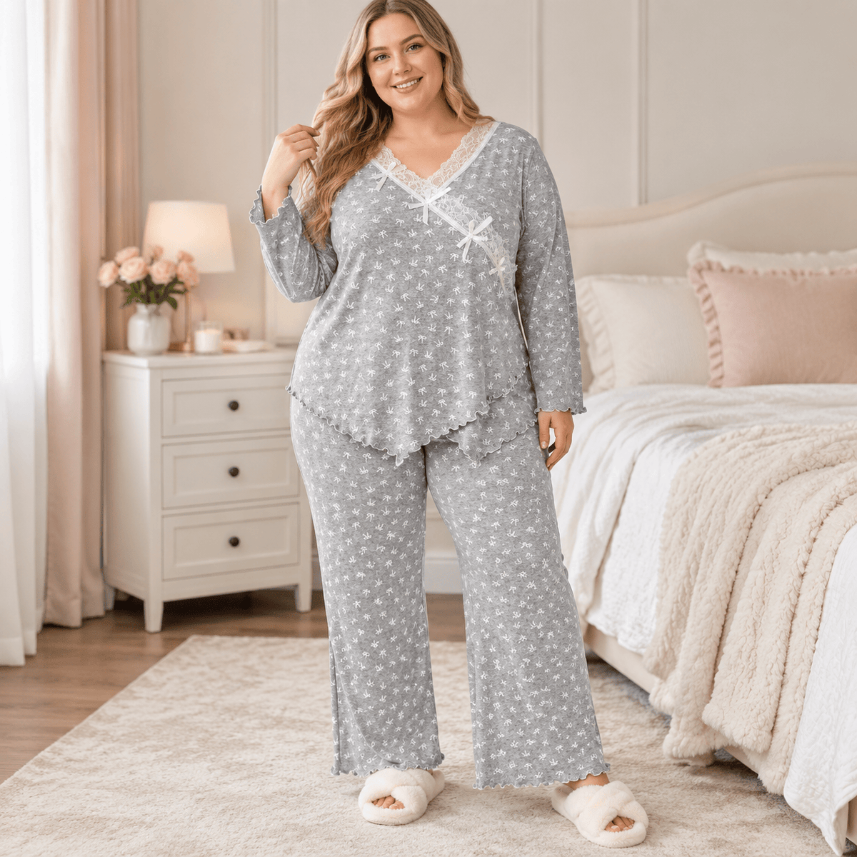 Plusock Bow Lace Wrap Pajama Set - Grey - 4XL - image 0