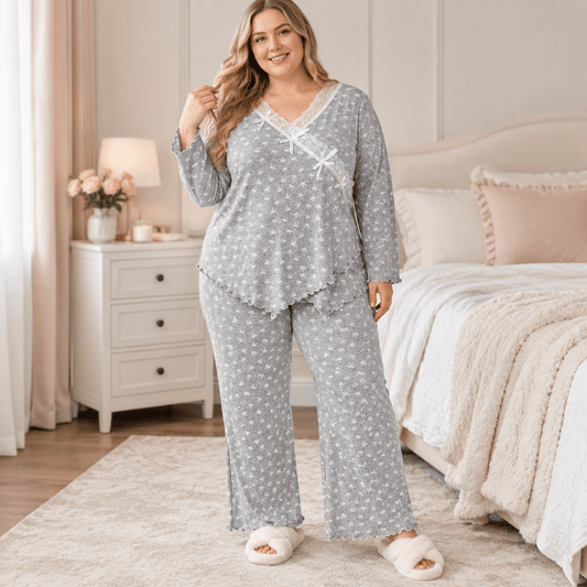 Plusock Bow Lace Wrap Pajama Set - Grey - 4XL - image 0