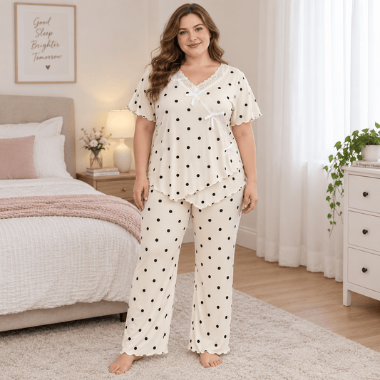 Plusock Lace Polka Dot Pajama Set - Beige - 4XL - image 0