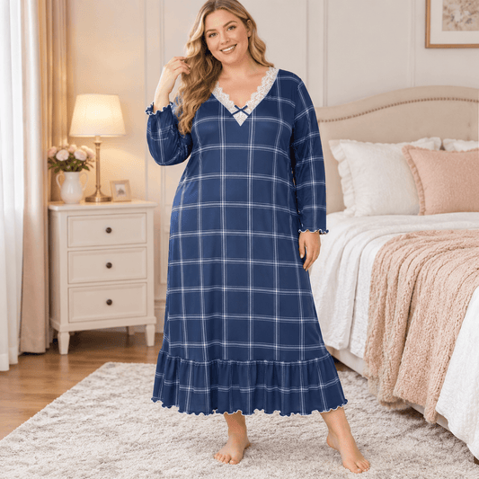 Plusock Lace Trim Plaid Nightgown - Blue - 4XL - image 0