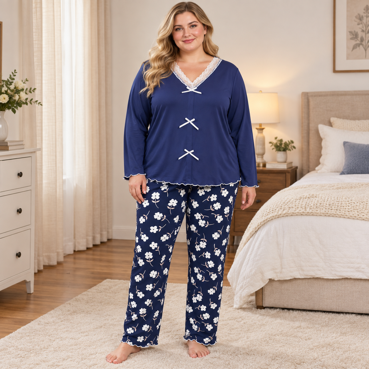 Plusock Blue Lace Bow Floral Pajama Set - Blue - 4XL - image 0