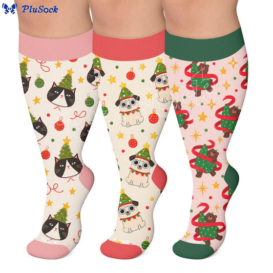 Plusock Plus Size Christmas Cat Dog Compression Socks - image 0