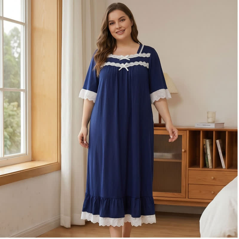 Plusock Lace Trim Bow Nightgown - Navy Blue - 4XL - image 0