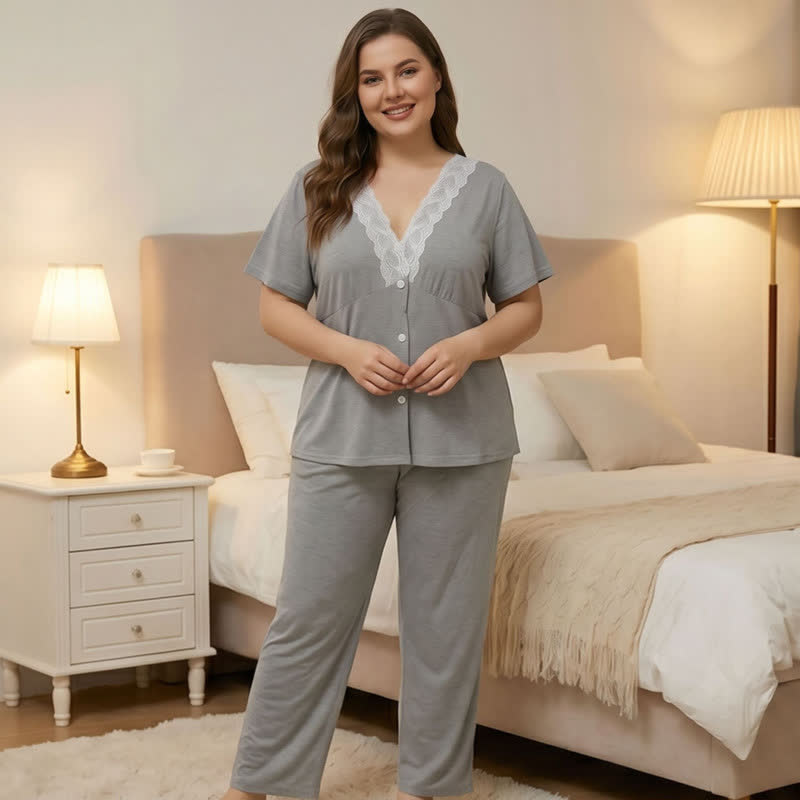 Plusock Lace Trim Button Pajama Set - Gray - 4XL - image 0