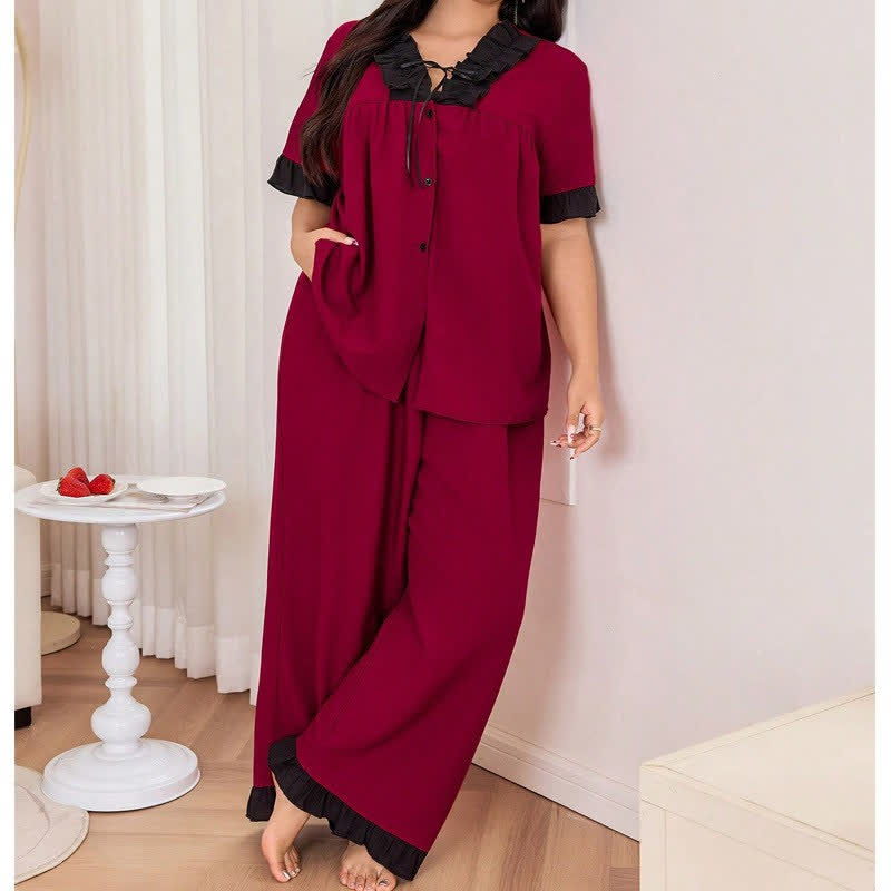 Plusock Contrast Ruffle Trim Pajama Set - image 1