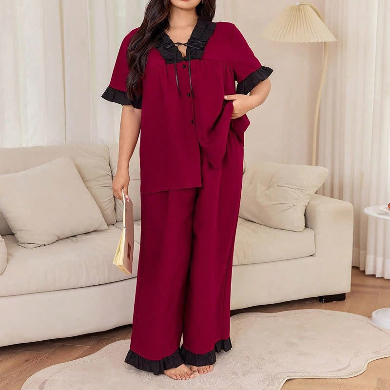 Plusock Contrast Ruffle Trim Pajama Set - Red - 4XL - image 0