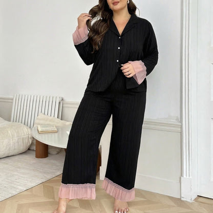 Plusock Contrast Ruffle Pajama Set - Black - 4XL - image 0