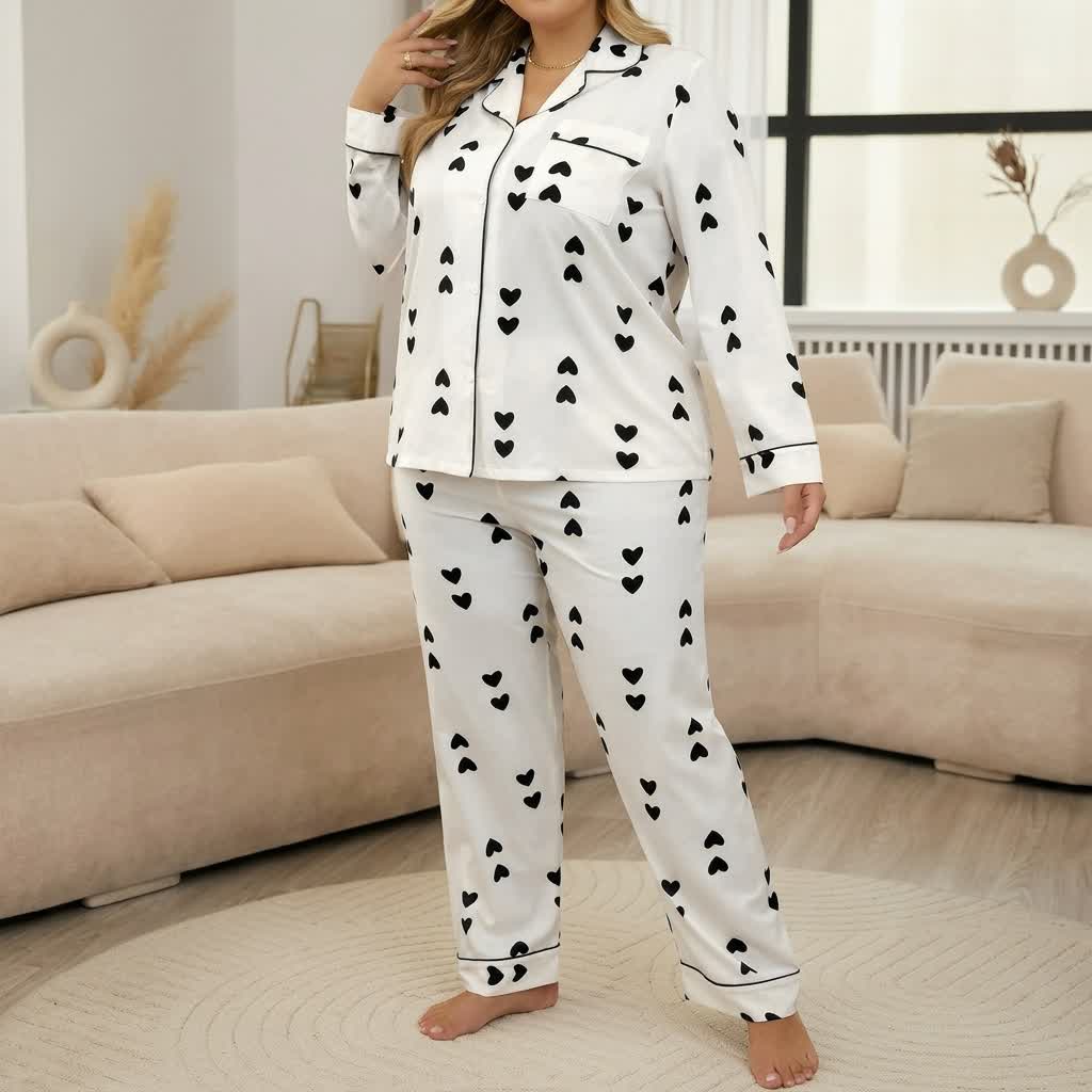 Plusock Heart Print Satin Pajama Set - Black - 4XL - image 4