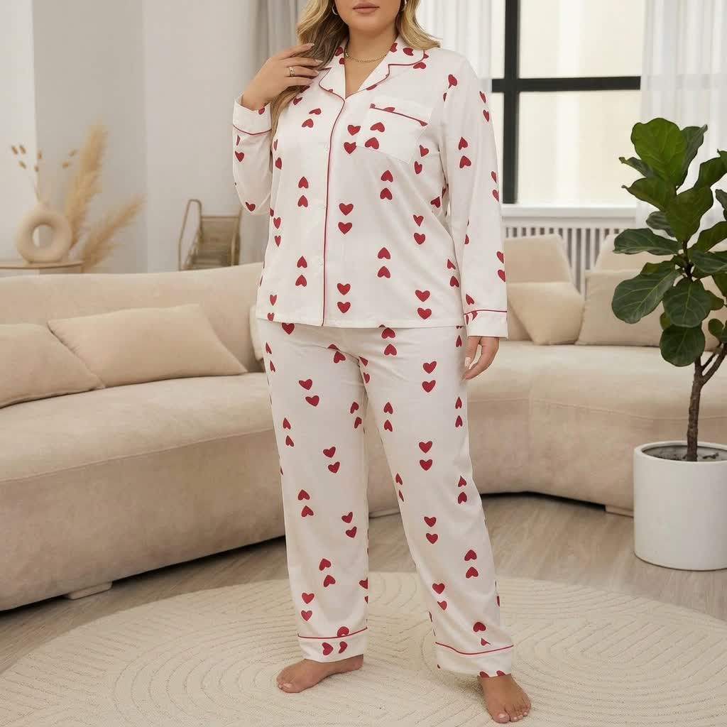 Plusock Heart Print Satin Pajama Set - White - 4XL - image 0