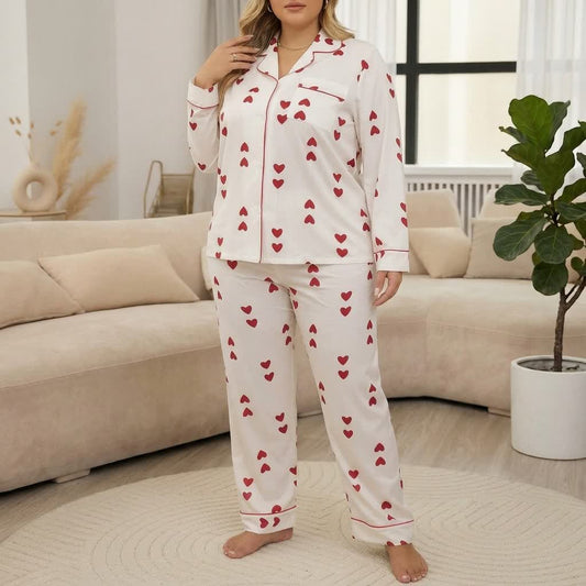 Plusock Heart Print Satin Pajama Set - White - 4XL - image 0