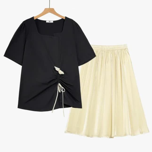 Plusock Plus Size Drawstring Top and Flowy Skirt Set - image 1