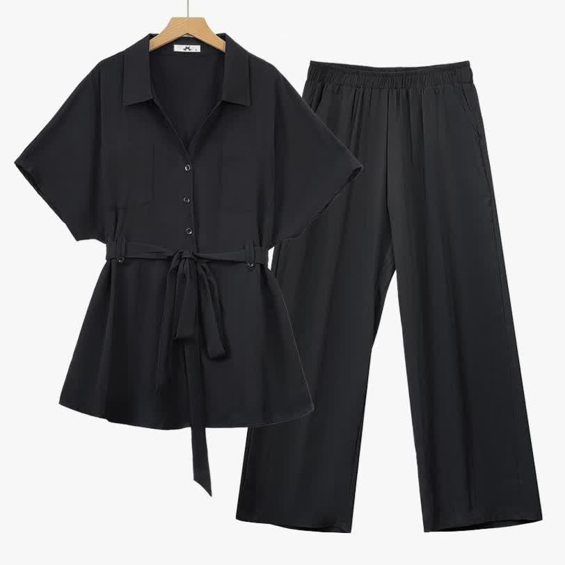 Plusock Plus Size Black Tie Waist Shirt and Wide Leg Pants Set - Black - 6XL - image 0