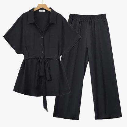 Plusock Plus Size Black Tie Waist Shirt and Wide Leg Pants Set - Black - 6XL - image 0