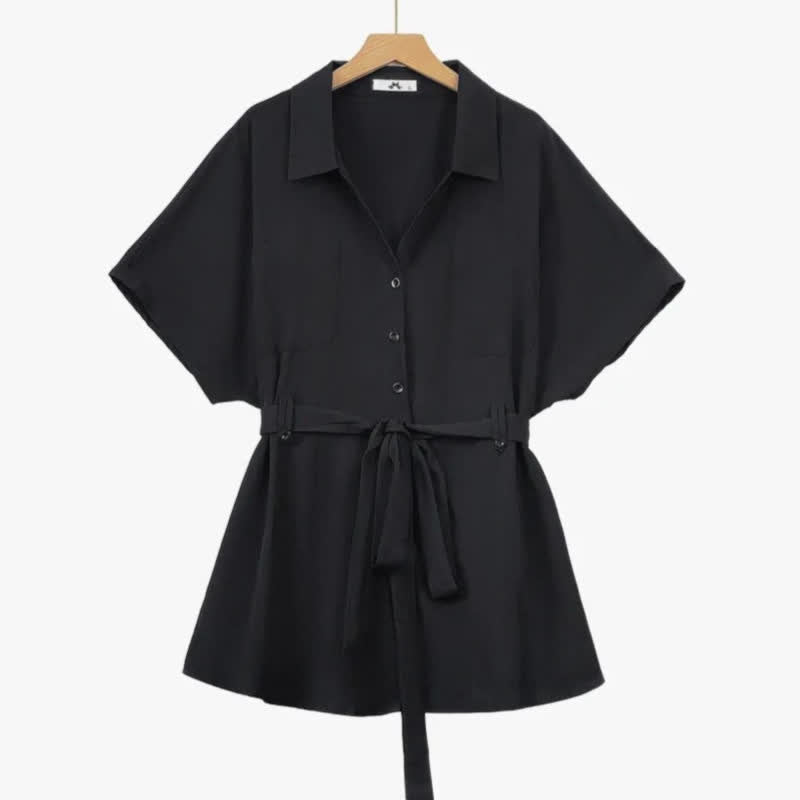 Plusock Plus Size Black Tie Waist Shirt and Wide Leg Pants Set - image 1